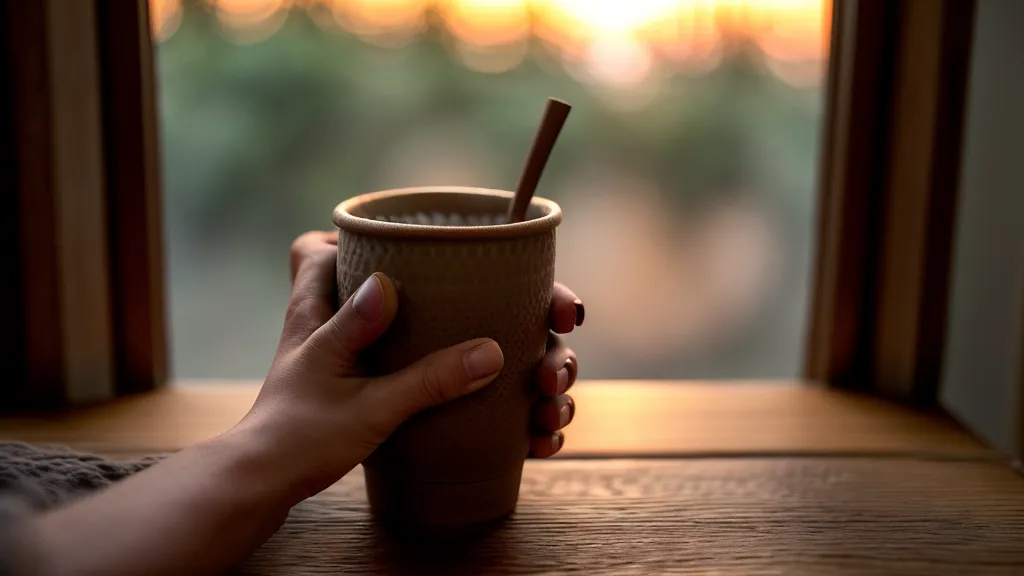 Manos sosteniendo un mate en una habitación con luz tenue de atardecer.