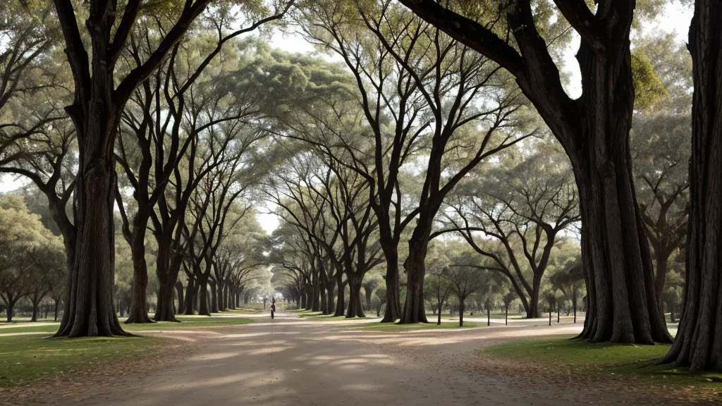 Sendero arbolado en el Parque San Martín de Mendoza durante el atardecer.