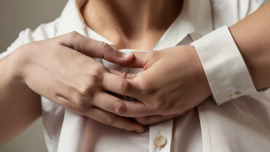 Primer plano de una mano ajustando el cuello de una camisa por incomodidad