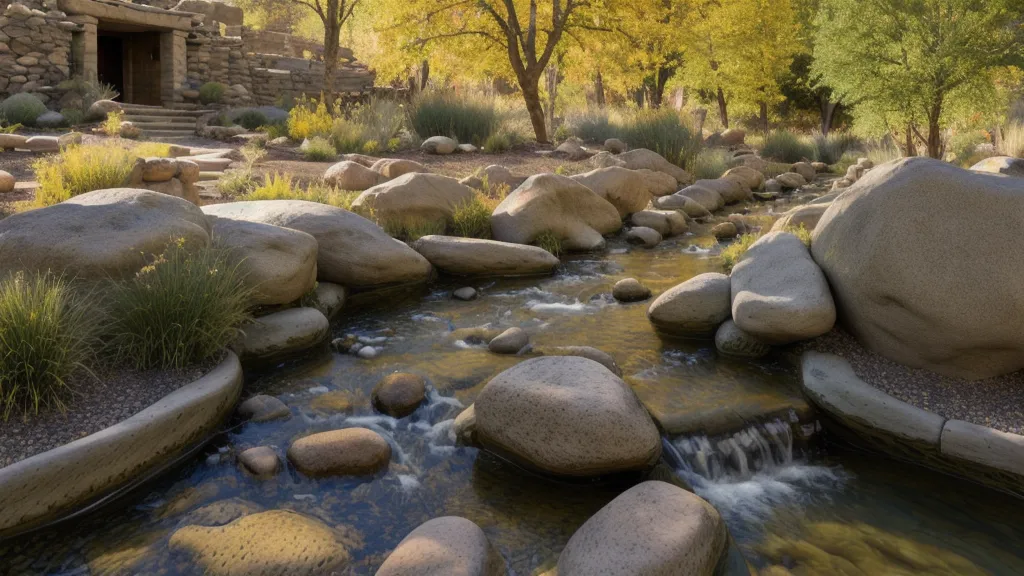 Acequia tradicional de Mendoza con agua corriendo y hojas secas