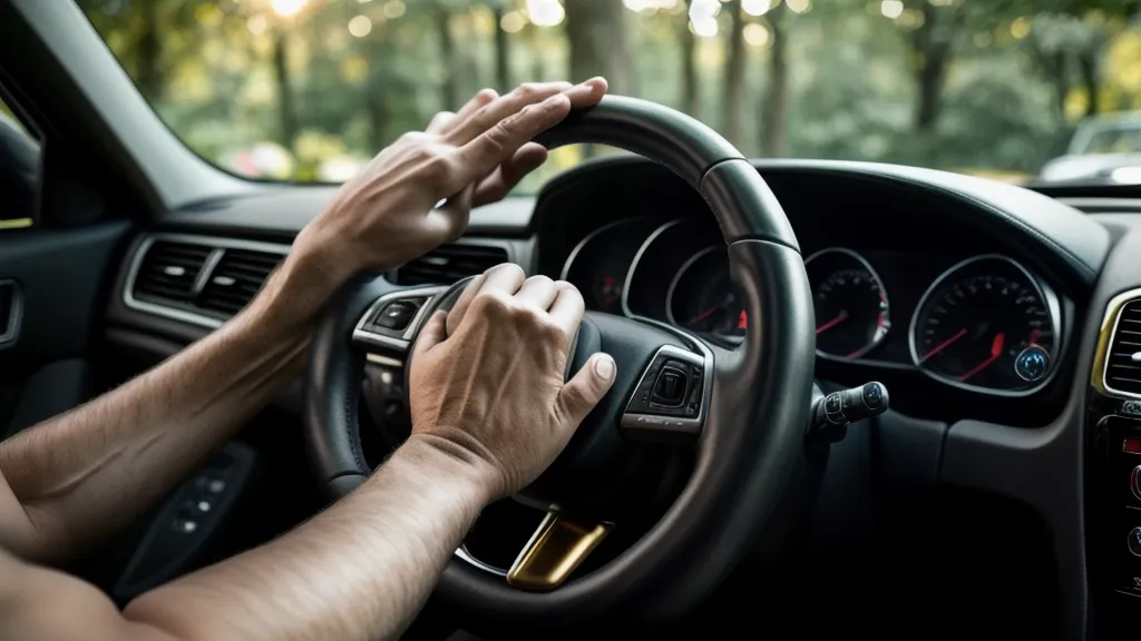 Manos relajadas sobre el volante de un auto estacionado en el Parque San Martín
