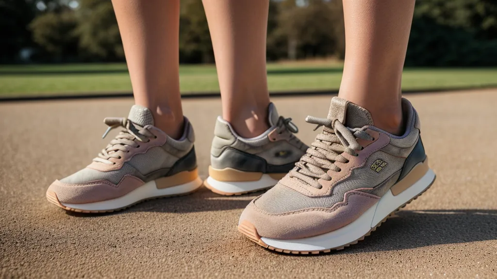Primer plano de zapatillas caminando sobre piedras y tierra seca en un parque