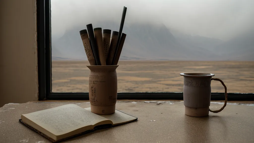 Escritorio desordenado con un mate frío y un celular boca abajo, símbolo de agotamiento y manejo del estrés
