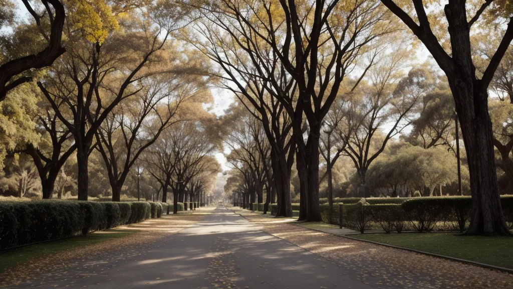 Sendero arbolado en el Parque San Martín de Mendoza durante el atardecer.