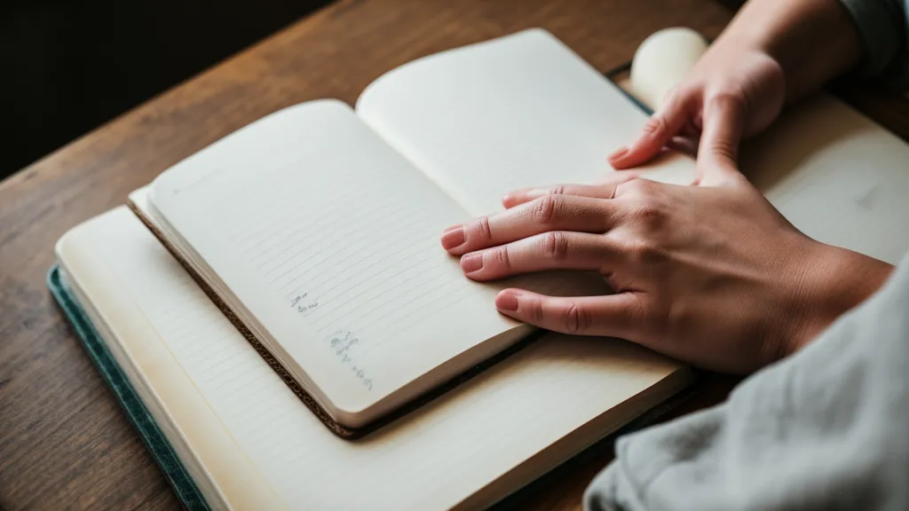 Primer plano de mano sobre cuaderno y mate en un escritorio mendocino.