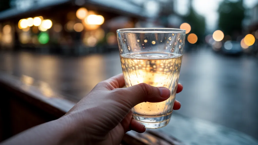 Primer plano de una mano sosteniendo un vaso de agua en un bar ruidoso