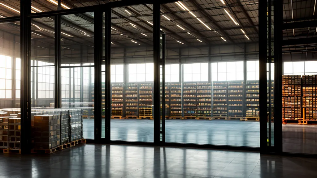 Vista de un depósito con pallets desde una oficina vidriada