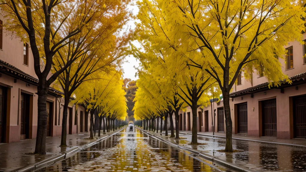 Calle arbolada de Mendoza vista a través de una ventana en una tarde lluviosa