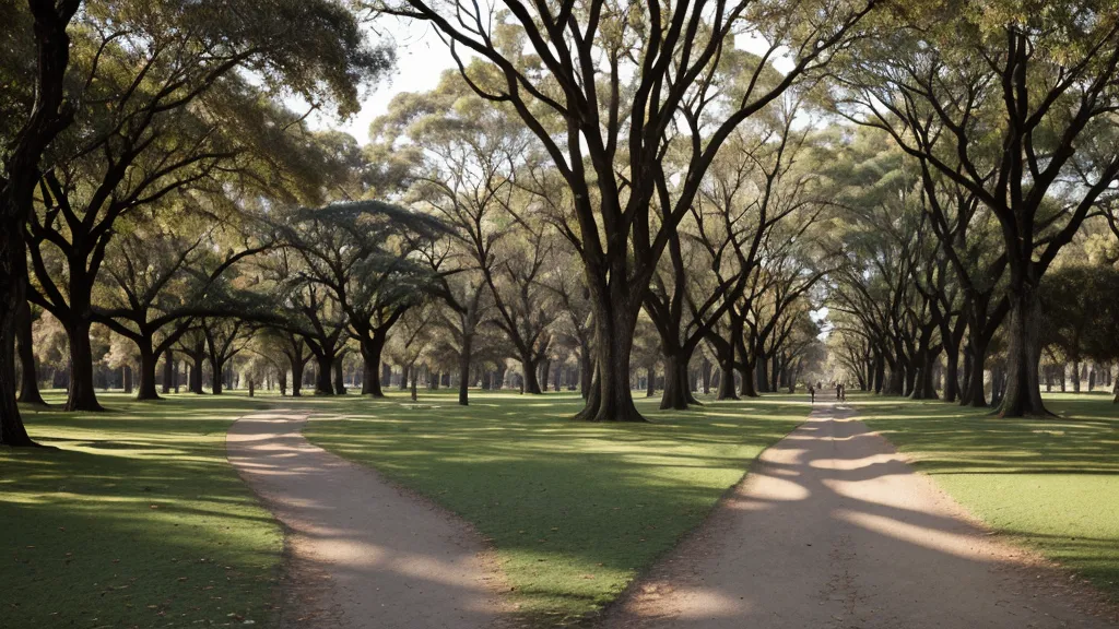 Sendero arbolado en el Parque San Martín de Mendoza bajo la luz del sol