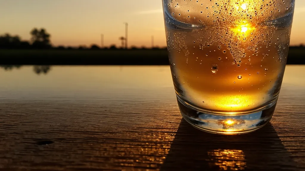 Vaso de agua en un escritorio de madera con un celular desenfocado