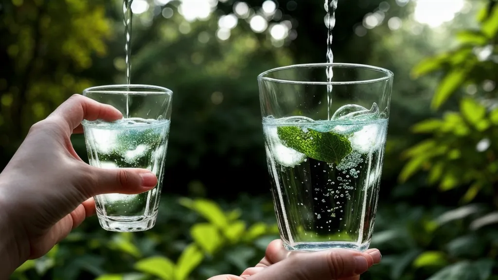 Mano sosteniendo un vaso de agua con el fondo desenfocado del Parque San Martín.