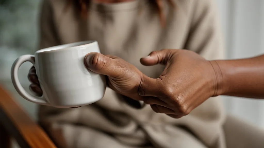 Primer plano de manos sosteniendo una taza en un banco del Parque San Martín.