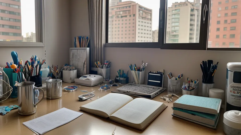 Escritorio de oficina con mate y cuaderno de logística bajo luz natural