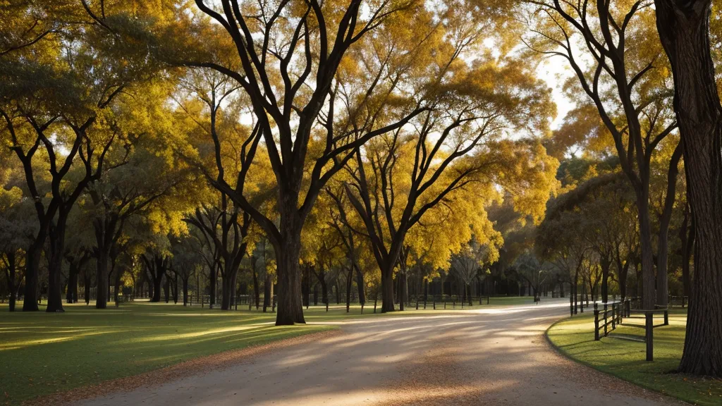 Sendero del Parque San Martín en Mendoza con álamos y luz de atardecer