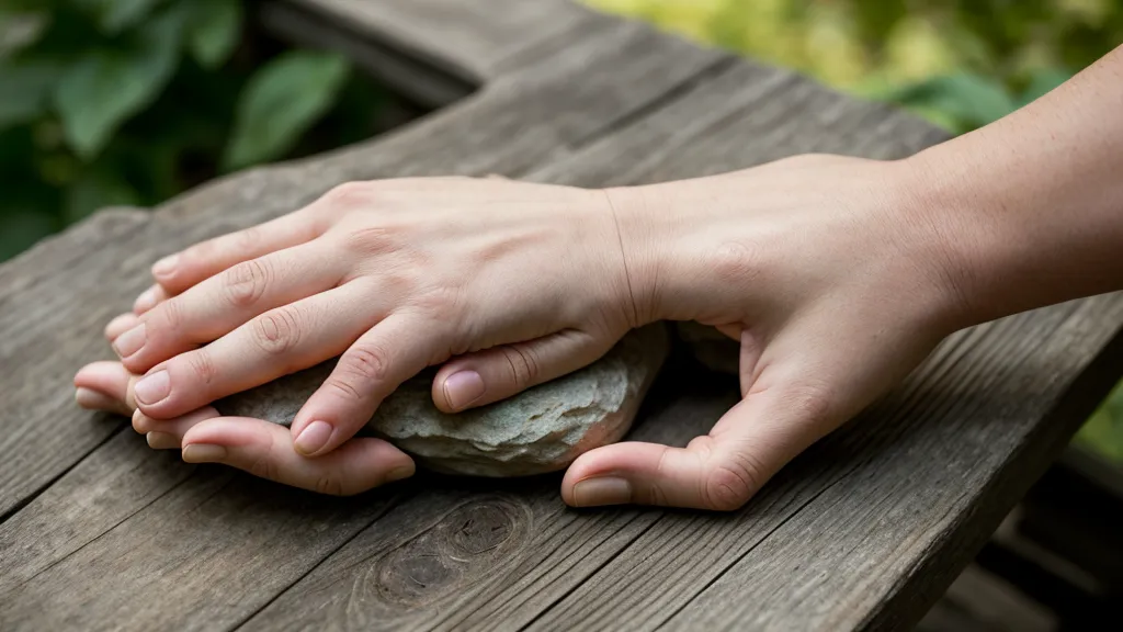 Primer plano de manos descansando sobre una mesa de madera en actitud tranquila